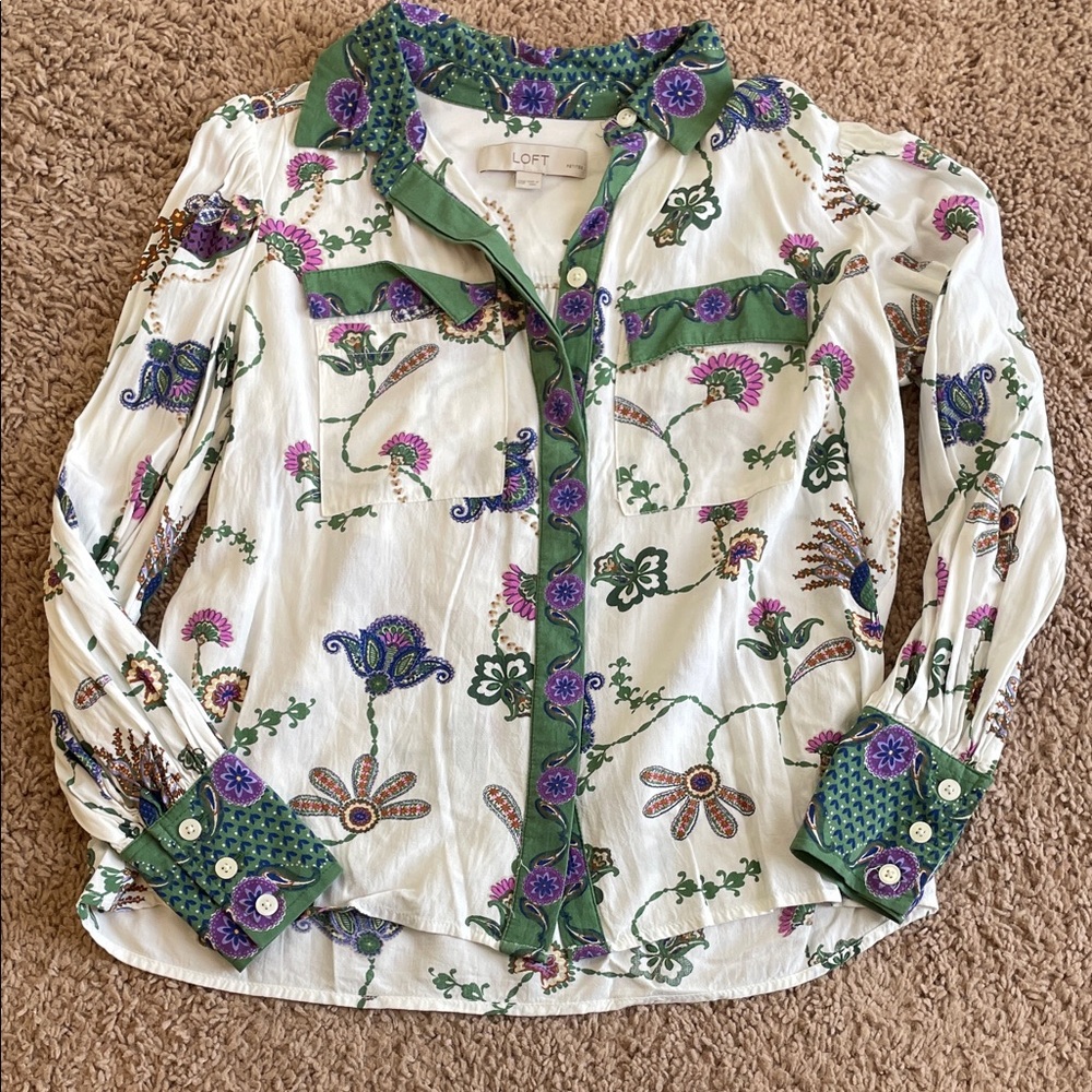 LOFT White and Green Floral Blouse